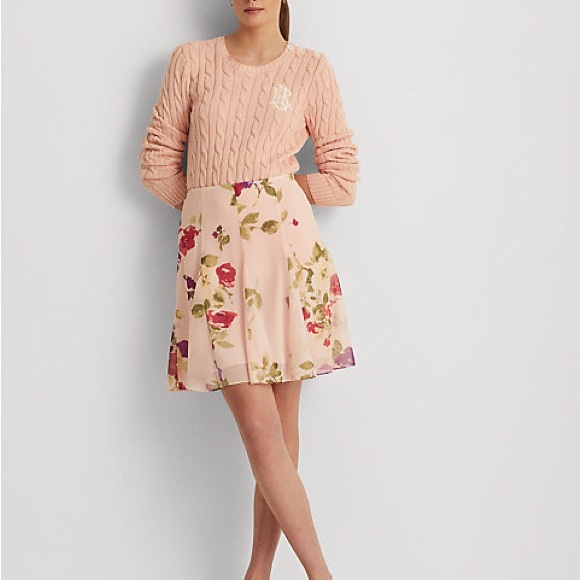Lauren Ralph Lauren  Floral Chiffon Skirt In Pink/Sage/Multi - Picture 1 of 13